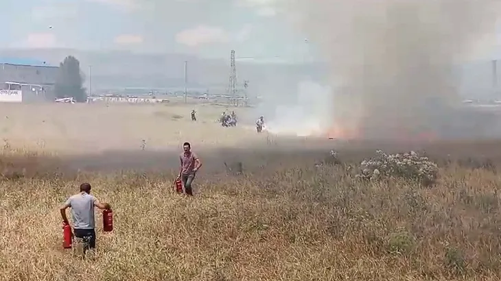 Buğday tarlasındaki alevlere kazma, kürek, yangın tüpleriyle müdahale ettiler