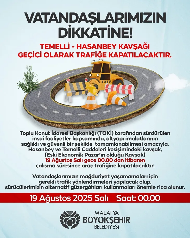 Malatya’da yol çalışması nedeniyle bazı yol ve kavşaklar trafiğe kapatılacak