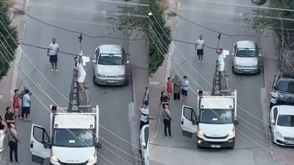 Elektrik kablosuna takılan güvercini kamyonetin kasasına çıkarak kurtardı