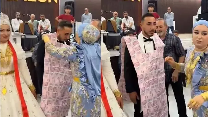 Kızıltepe’de düğünde damada 200 TL’lik banknotlarla hazırlanmış yelek giydirildi